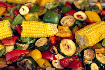 Grilled vegetables and meat at the fair.