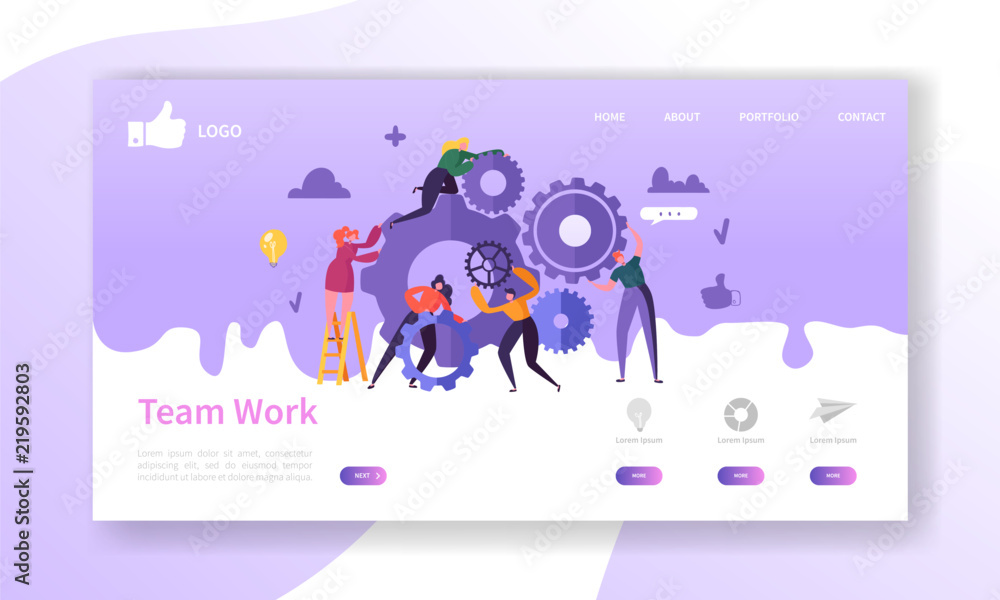 Poster website development landing page template. mobile application layout with flat business people runni