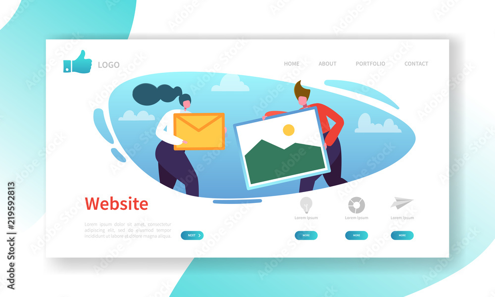 Poster website development landing page template. mobile application layout with flat people characters. ea