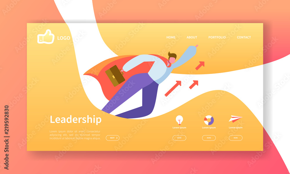 Poster website development landing page template. mobile application layout with flat businessman leader. e