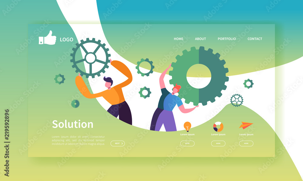 Poster website development landing page template. mobile application layout with flat business people holdi