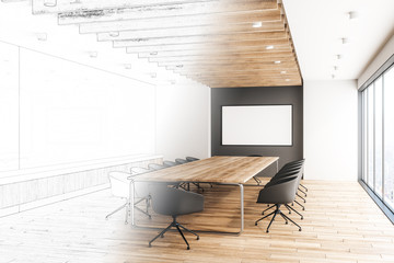 Modern wooden meeting room with poster
