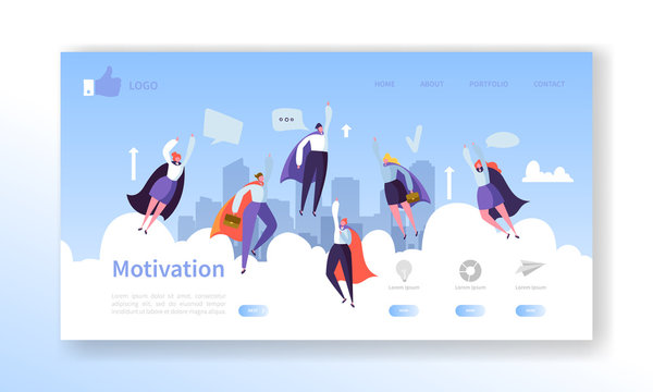 Website Development Landing Page Template. Mobile Application Layout with Flat Flying Business Heroes Man and Woman. Easy to Edit and Customize. Vector illustration
