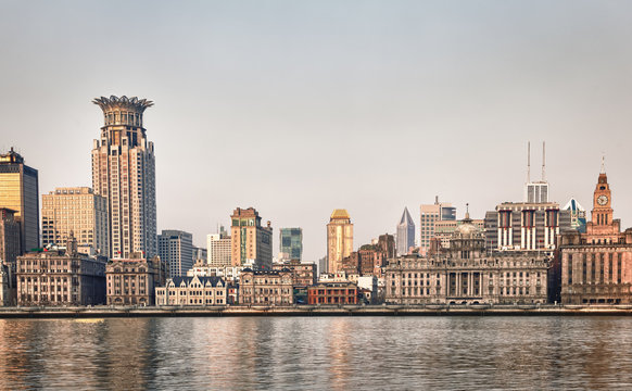 Early Morning Skyline of The Bund and the Huangpu River from Pudong in Shanghai, China