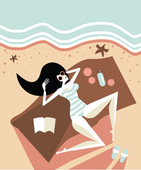Happy traveller woman in swim suit and sun glasses enjoys her seaside beach vacation. Reading and tanning