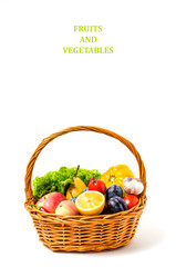 Fruits and vegetables in basket white background.