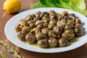 Tasty fried snails with lemon in white plate on brown wooden background.