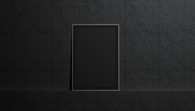 Blank black paper poster mockup, stand at gallery wall, isolated, 3d rendering. Empty placard with frame in museum mock up, front view. Clear photo art cadre in darkness template