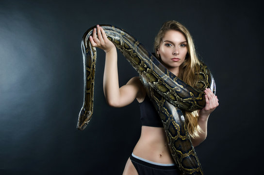 beautiful girl and big python in the studio