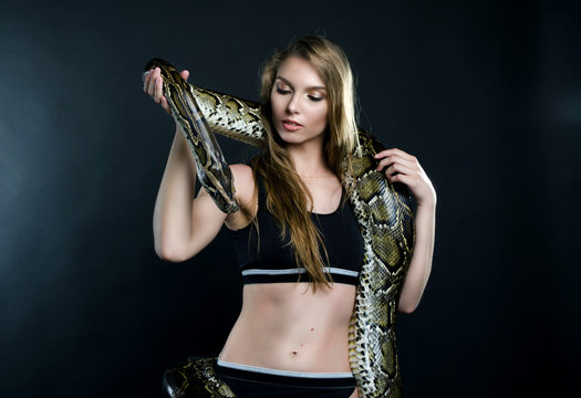 Perfect portrait sensual girl and python in the studio
