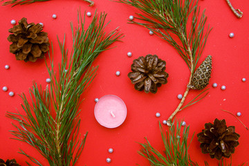 Christmas tree branches with cones on a red background