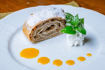 Apple strudel on plate