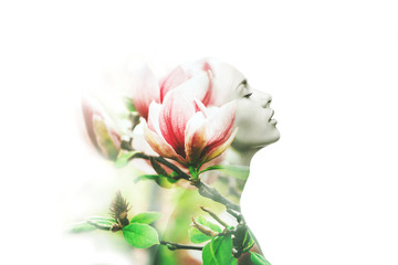 Multiple exposure. Woman and magnolia