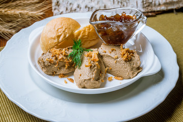 The chicken liver pate with bread and jam