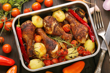 Roasted chicken legs with potatoes and vegetables on the pan