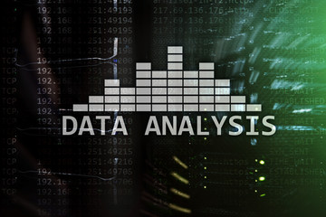 Big Data analysis text on server room background. Internet and modern technology concept.