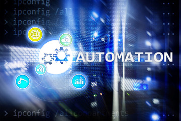 Automation of business Process and innovation technology in manufacturing. Internet and technology concept on server room background.