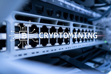 Cryptocurrency mining concept on server room background.