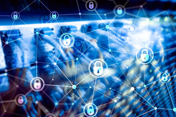 Cyber security, information privacy, data protection concept on modern server room background....