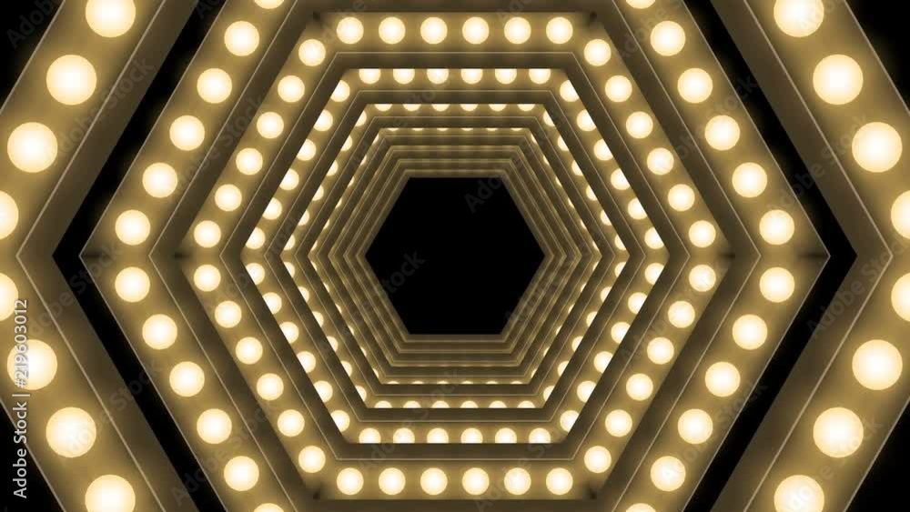 Poster tunnel incandescent light bulb box frame hexagon shape moving pattern, retro 3d virtual style illust