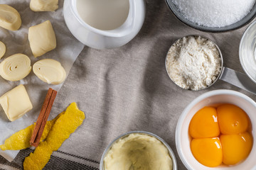 Ingredients for homemade baking portuguese egg tarts. Traditional portuguese dessert pastel de nata