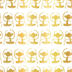 Gold foil Monkey silhouettes on white seamless pattern background. Meditating monkeys. Great for kids market, kids decor, birthday, fabric design, wallpaper, scrap booking. Vector surface pattern.