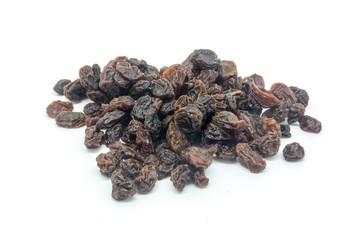 A pile of raisins against a white background