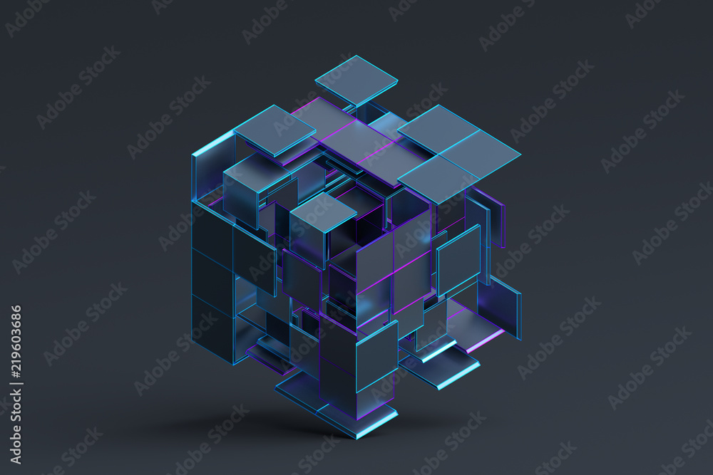 Poster Abstract 3d rendering of geometric shapes. Composition with squares. Cube design. Modern background for poster, cover, branding, banner, placard.