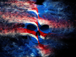Red, white and blue skull disintegrating into dust