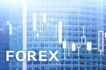 Forex trading, financial candle chart and graphs on blurred business center background.