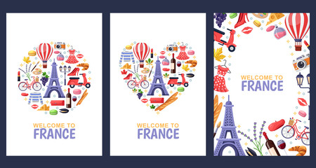 Welcome to France greeting souvenir cards, print or poster design template. Travel to Paris flat illustration. - Powered by Adobe