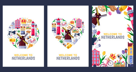 Welcome to Netherlands greeting cards, print or poster design template. Travel to Amsterdam vector flat illustration. - obrazy, fototapety, plakaty