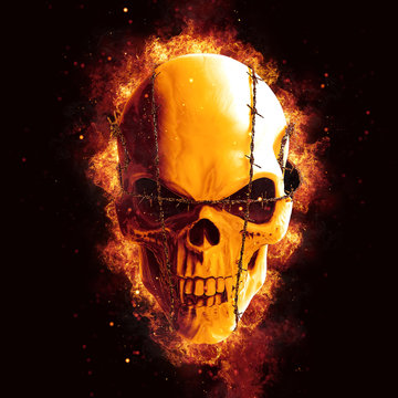 Evil vampire skull with barb fire - explosion in the background