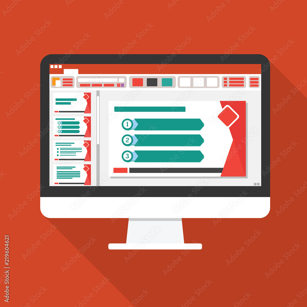 Poster slide presentation on computer screen flat icon. business report concept. office things for planning