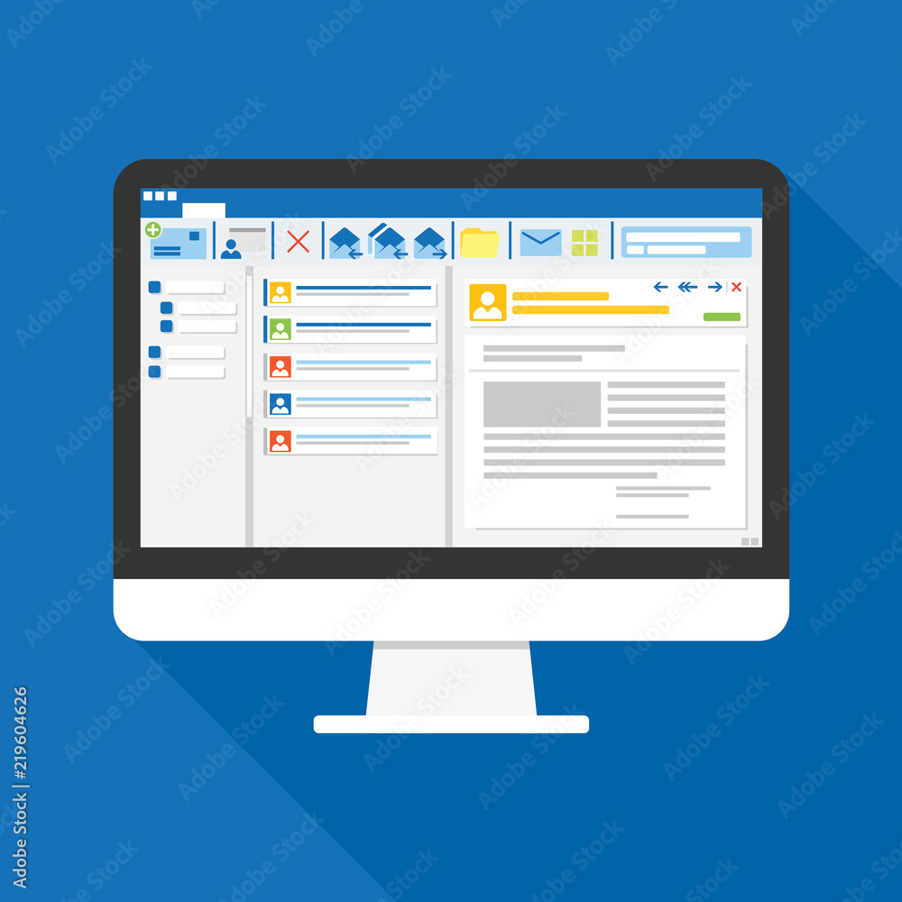 Aufkleber email client software on computer screen flat icon. business concept. office things for planning and