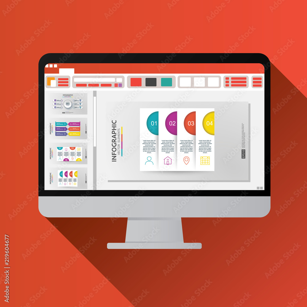 Poster slide presentation on computer screen flat icon. business report concept. office things for planning
