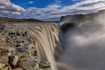 Dettifoss Waterfall feeding powerful river, Iceland - obrazy, fototapety, plakaty