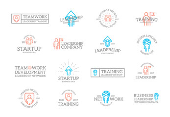 Set of retro vintage human resources and business organization management logo or insignia, emblems, labels and badges and other branding objects. Vector line style