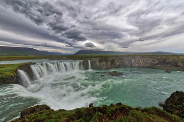 Godafoss Waterfalls Blue Green Water Cloudy Sky