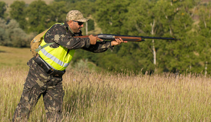 Hunter with a German trotter and spaniel, hunting a pheasant with dogs	