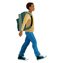 Black boy goes  with his backpack to school (isolated figure)