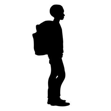 recommend clip art: Boy stands with his school backpack  (isolated silhouette)