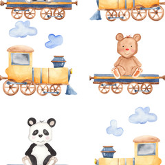 Watercolor pattern with cartoon bears on the train. Illustration with panda and a bear for a children's birthday, cards, invitations, wallpapers, scrap paper.