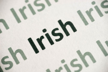 word Irish language printed on paper macro