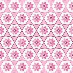 Cute seamless geometric Japanese style floral background pattern in pink and white. For greeting cards, gift wrapping paper, textiles and wallpapers.