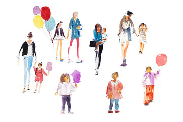 Fototapeta na wymiar Parents and children walking summer outdoor activity vacation, holiday Watercolor illustration