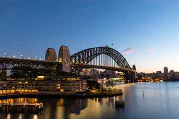 Sydney Harbour Bridge view at dawn with clear sky.