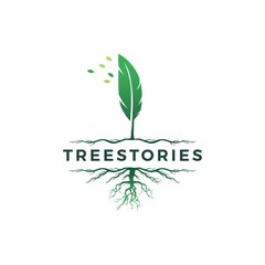 tree quill feather ink root logo vector icon illustration