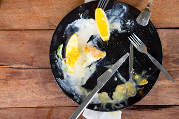 Dirty dish with food scraps after eating