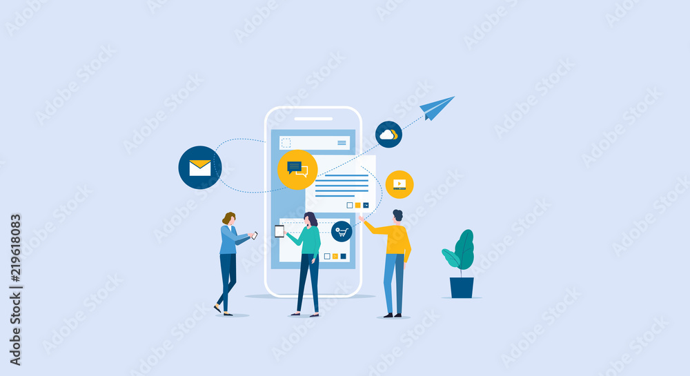 Poster business team working for mobile application development and design process concept